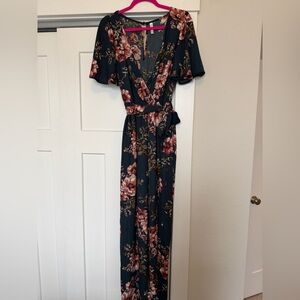 Xhiliration Floral Wrap V-Neck Jumpsuit